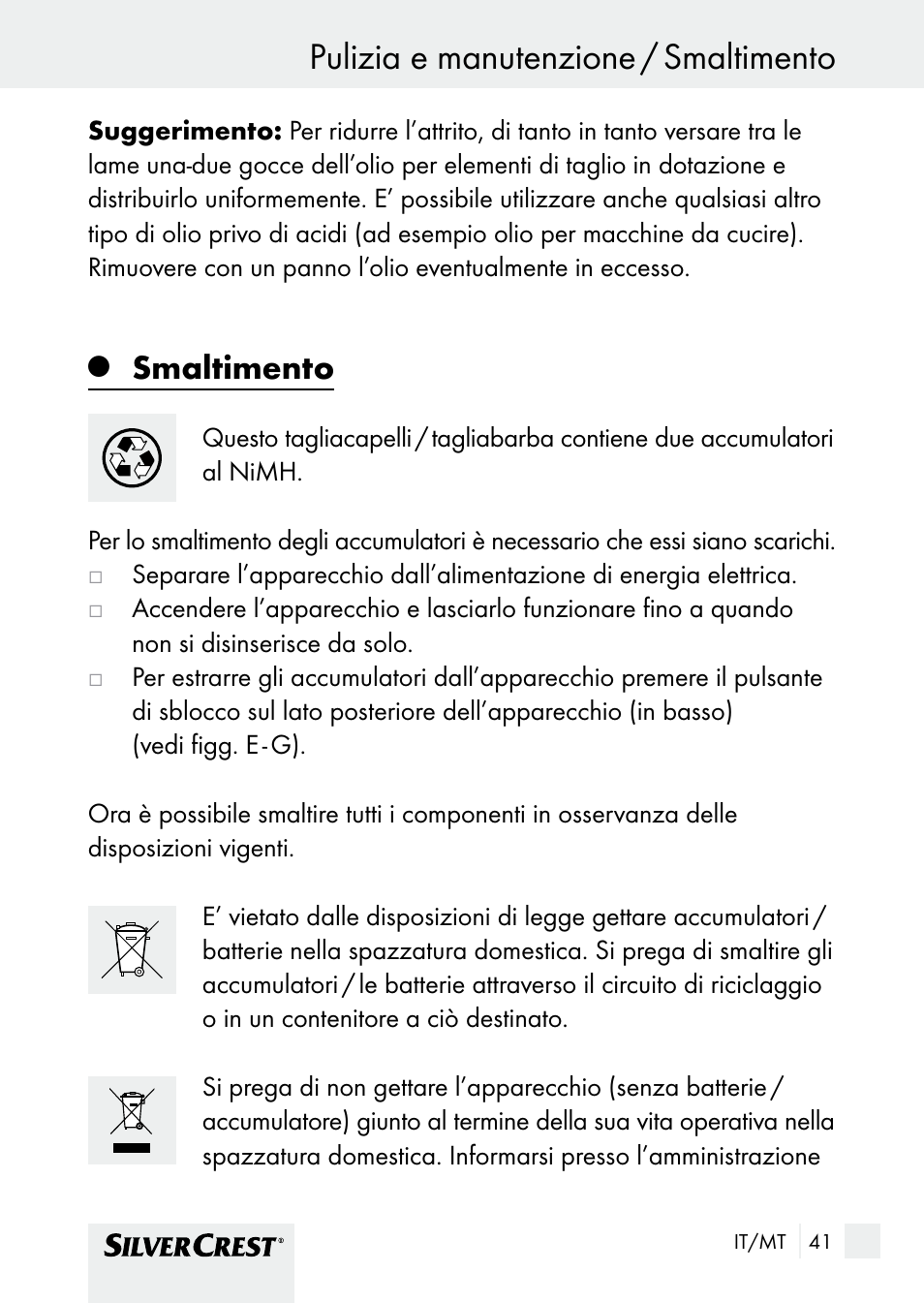 Pulizia e manutenzione / smaltimento, Smaltimento | Silvercrest SHBS 1000 A1 User Manual | Page 41 / 101