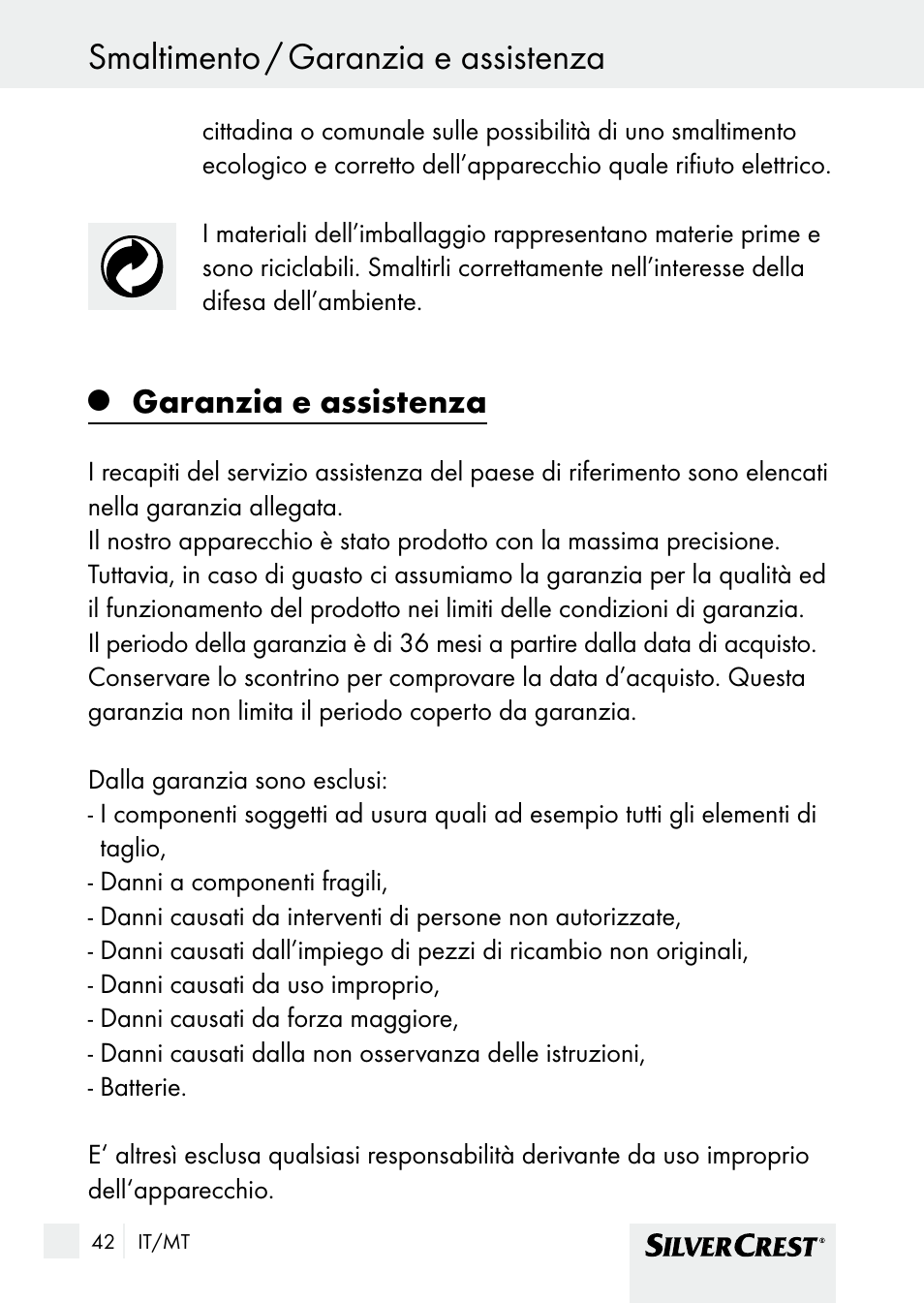 Smaltimento / garanzia e assistenza, Garanzia e assistenza | Silvercrest SHBS 1000 A1 User Manual | Page 42 / 101