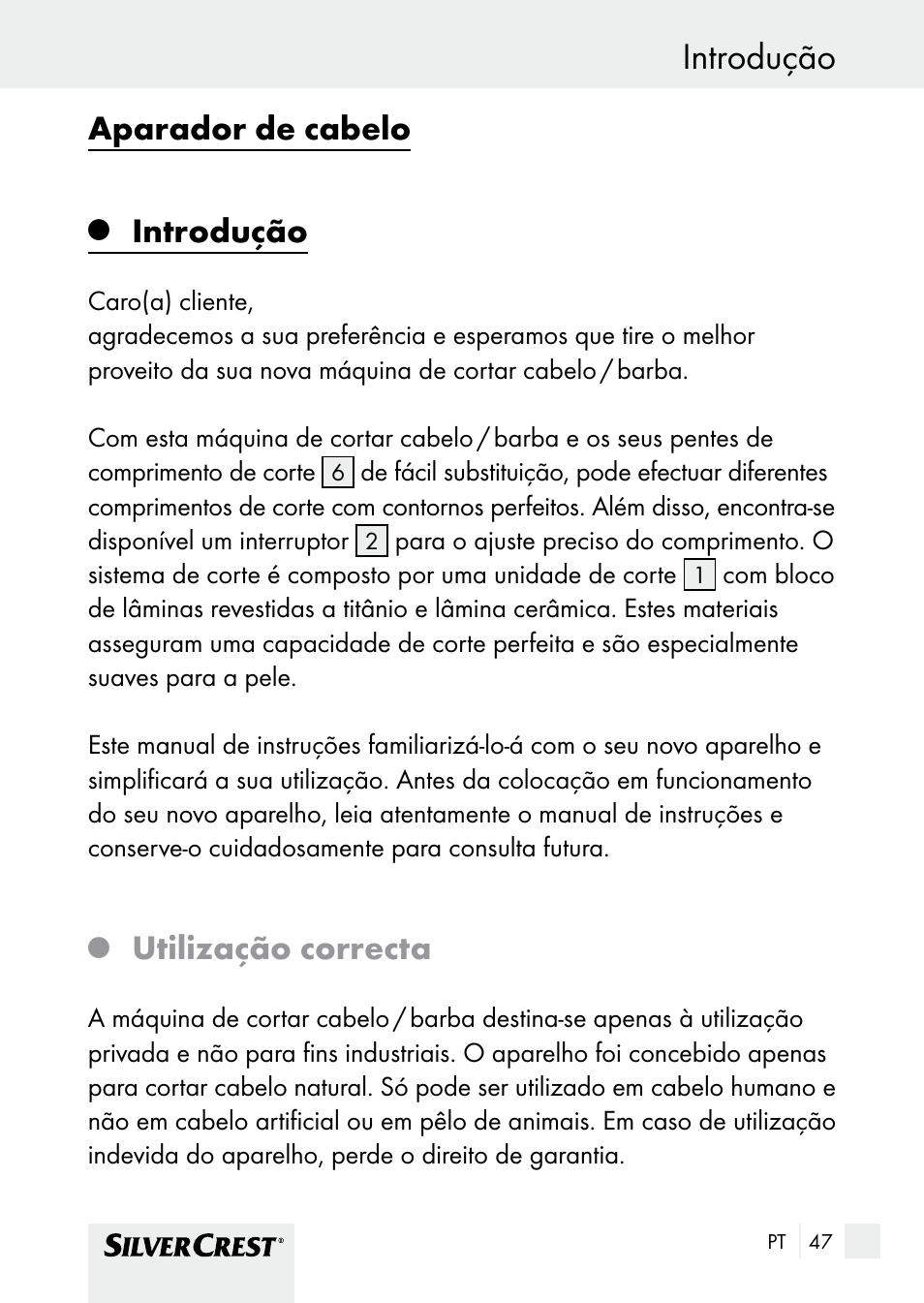 Introdução, Aparador de cabelo, Utilização correcta | Silvercrest SHBS 1000 A1 User Manual | Page 47 / 101