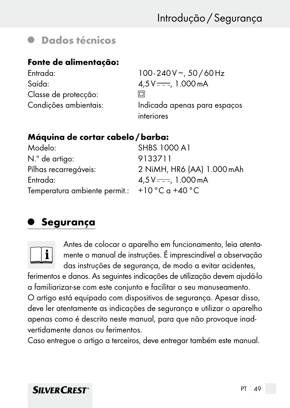 Introdução / segurança, Dados técnicos, Segurança | Silvercrest SHBS 1000 A1 User Manual | Page 49 / 101