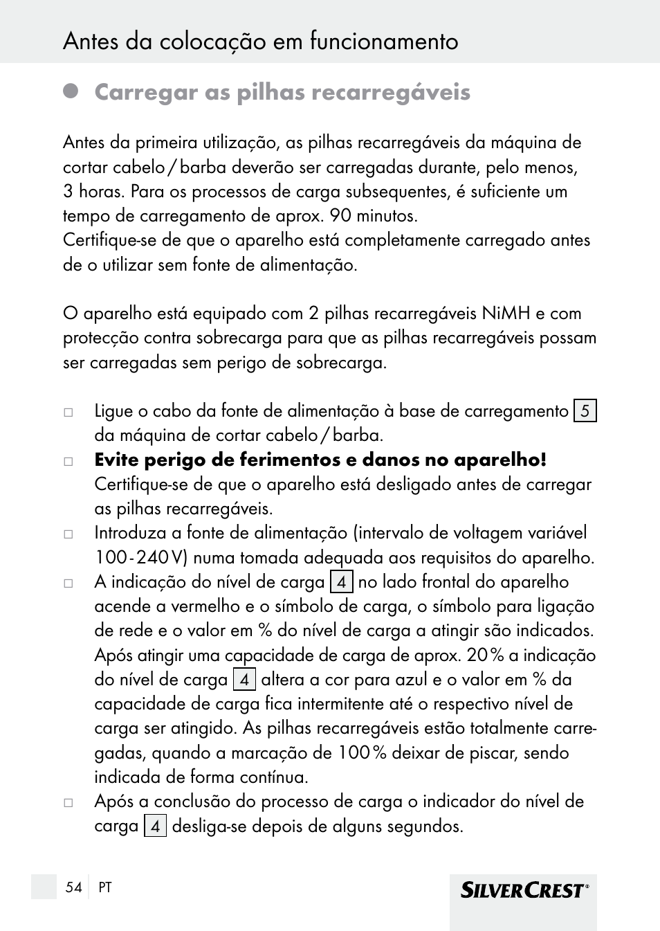 Antes da colocação em funcionamento, Carregar as pilhas recarregáveis | Silvercrest SHBS 1000 A1 User Manual | Page 54 / 101