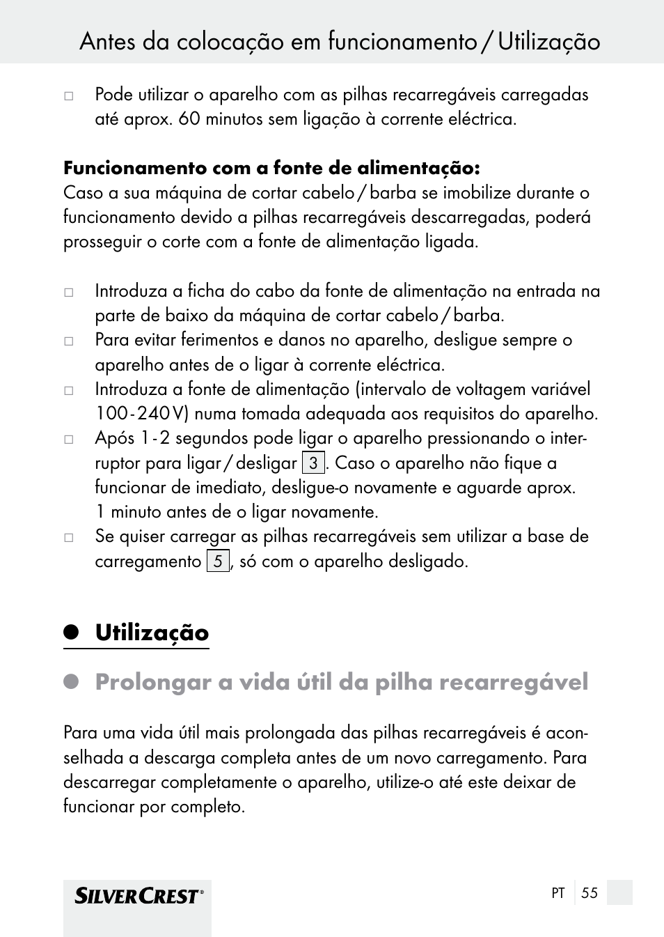 Antes da colocação em funcionamento / utilização, Utilização, Prolongar a vida útil da pilha recarregável | Silvercrest SHBS 1000 A1 User Manual | Page 55 / 101