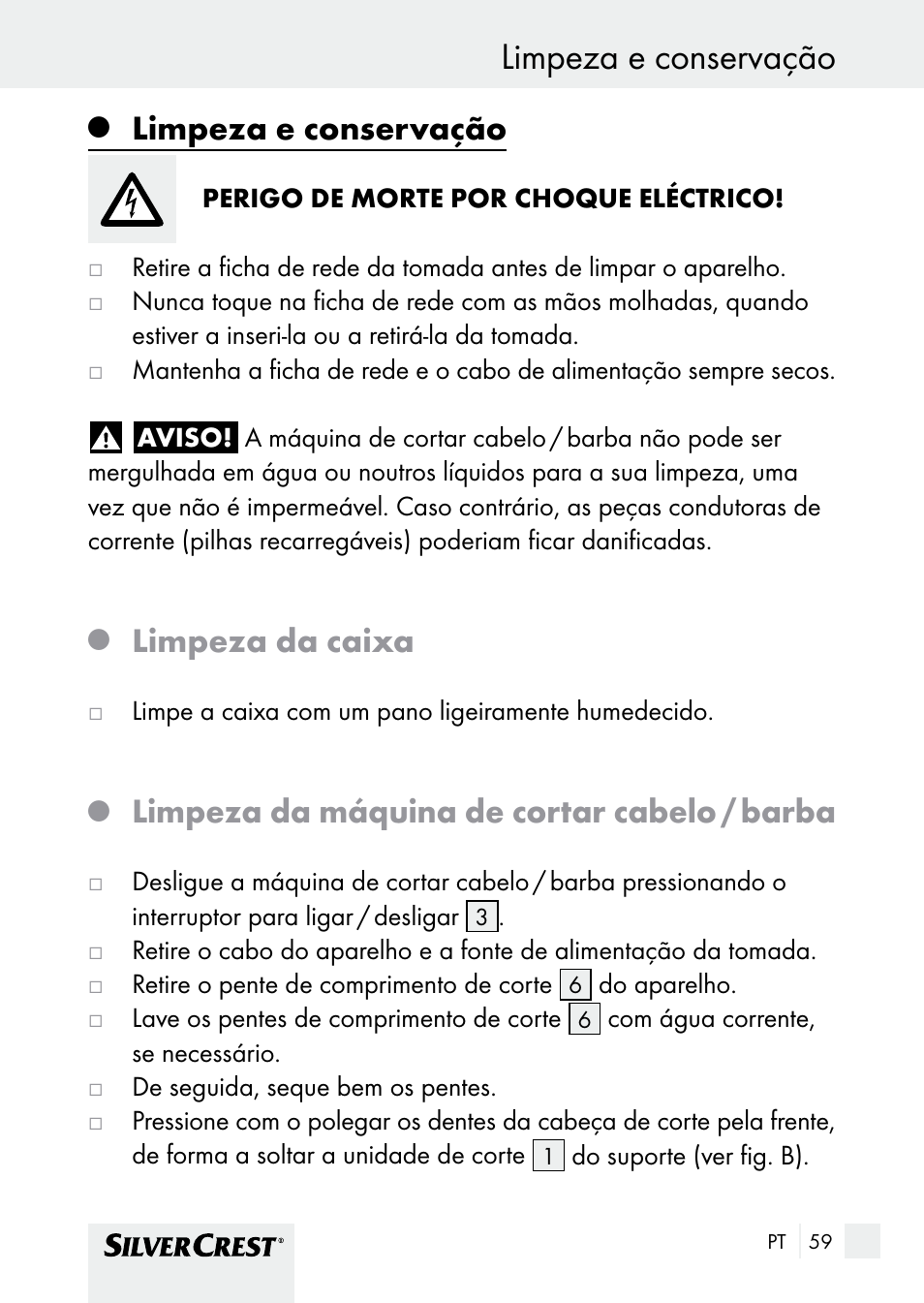 Limpeza e conservação, Limpeza da caixa, Limpeza da máquina de cortar cabelo / barba | Silvercrest SHBS 1000 A1 User Manual | Page 59 / 101