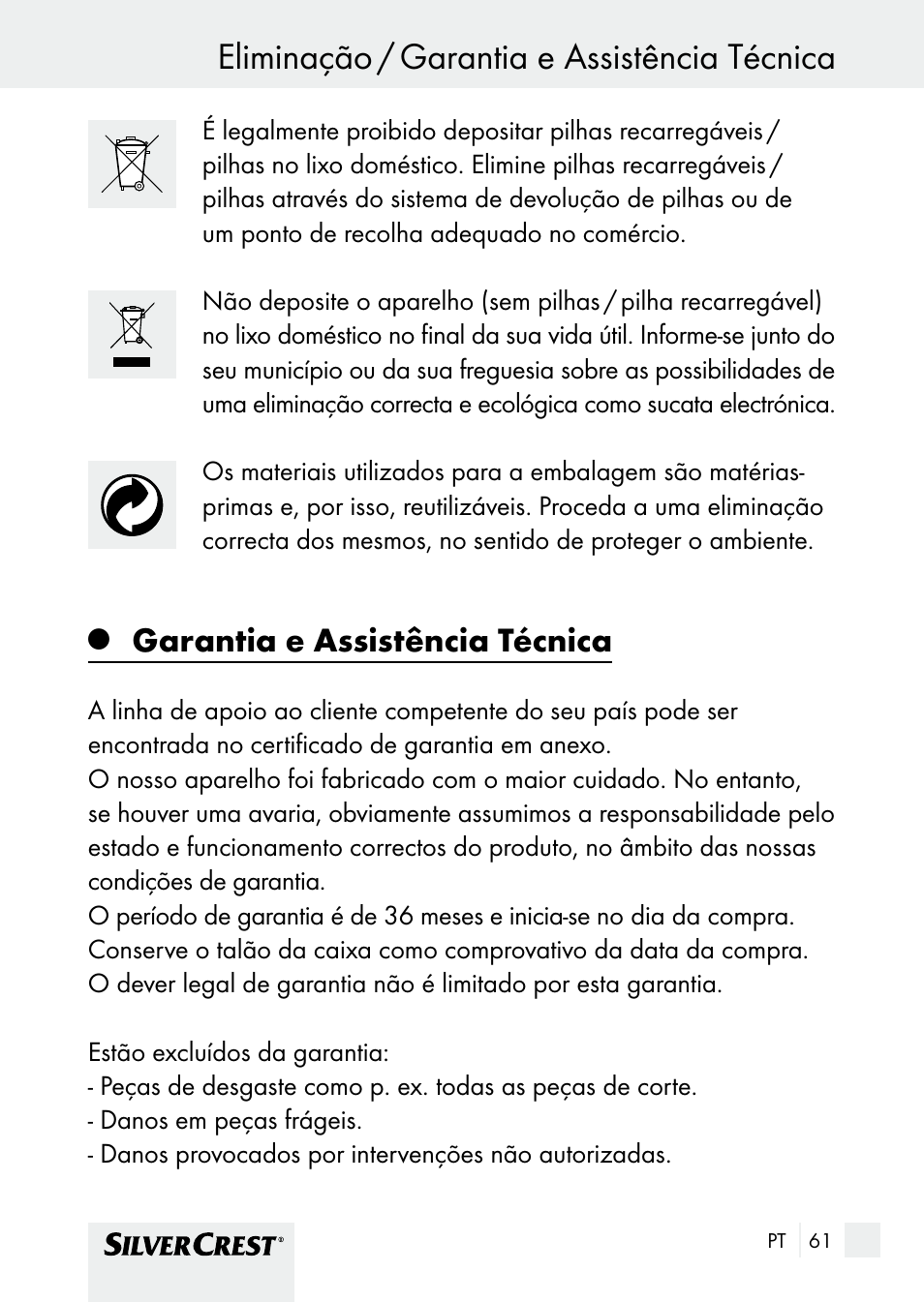 Eliminação / garantia e assistência técnica, Garantia e assistência técnica | Silvercrest SHBS 1000 A1 User Manual | Page 61 / 101