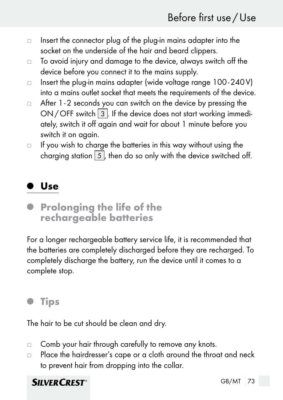 Before first use / use, Prolonging the life of the rechargeable batteries, Tips | Silvercrest SHBS 1000 A1 User Manual | Page 73 / 101