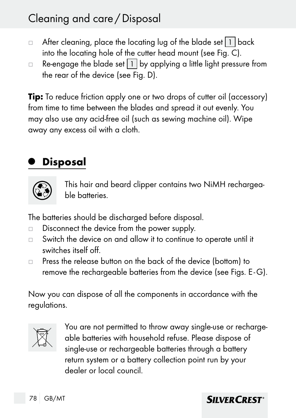 Cleaning and care / disposal, Disposal | Silvercrest SHBS 1000 A1 User Manual | Page 78 / 101