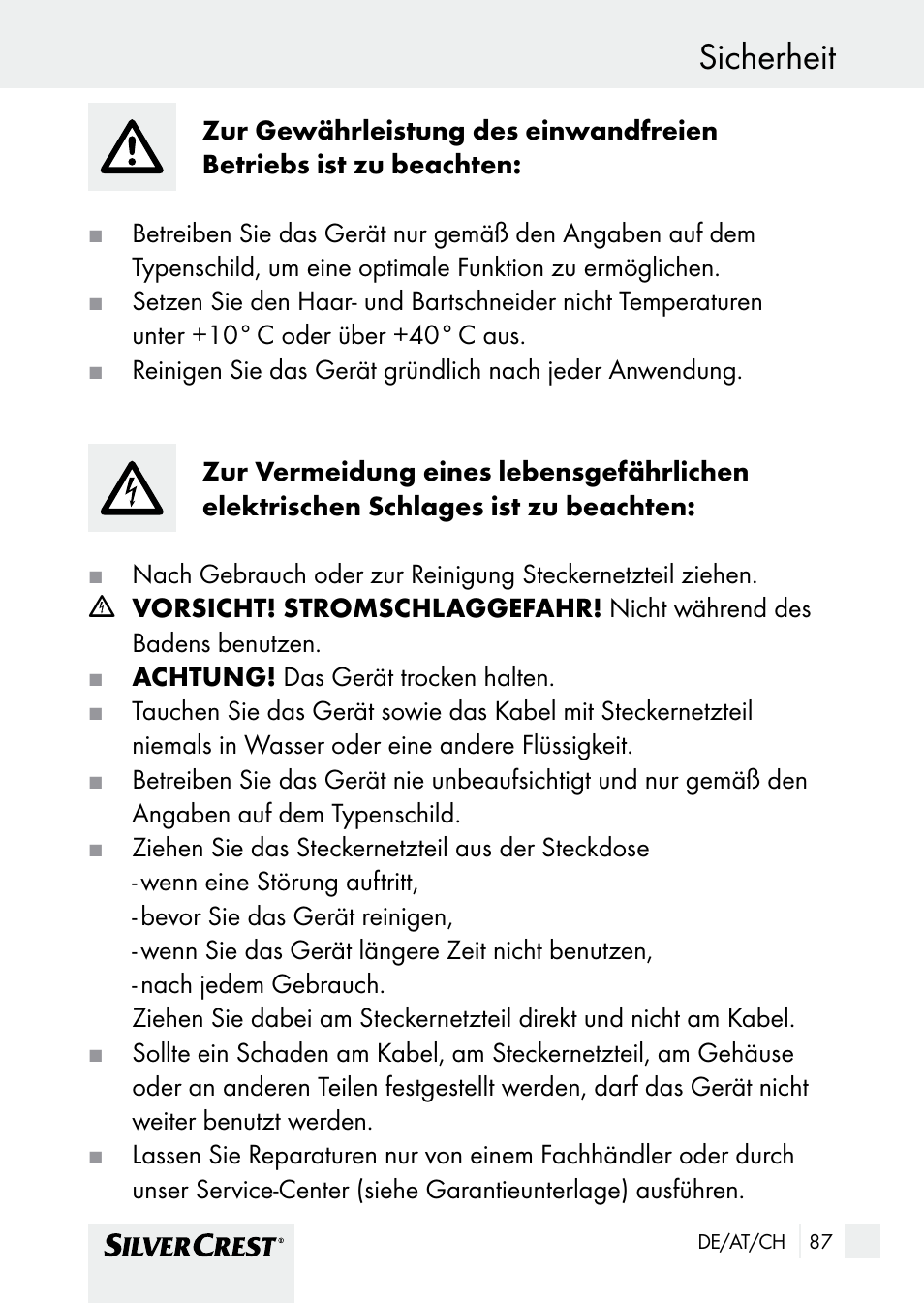Sicherheit | Silvercrest SHBS 1000 A1 User Manual | Page 87 / 101