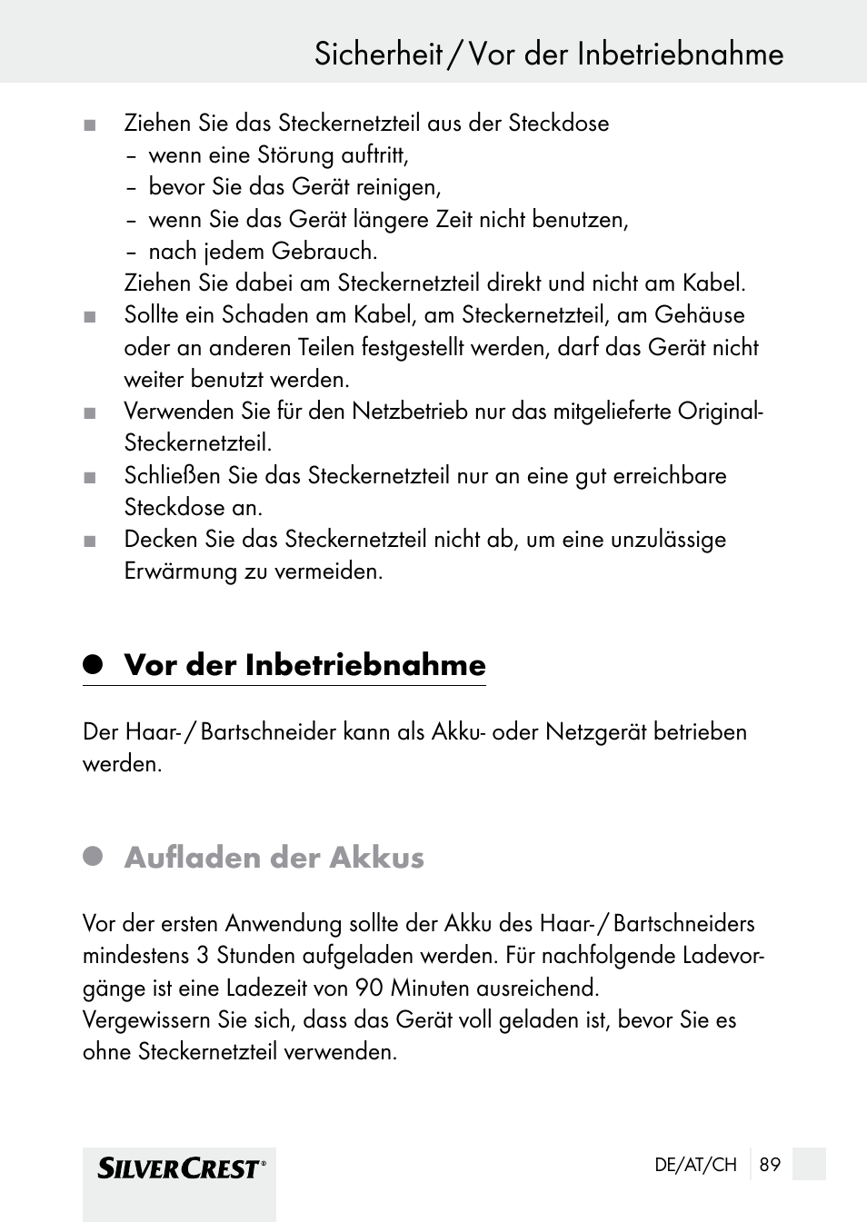 Sicherheit / vor der inbetriebnahme, Vor der inbetriebnahme, Aufladen der akkus | Silvercrest SHBS 1000 A1 User Manual | Page 89 / 101