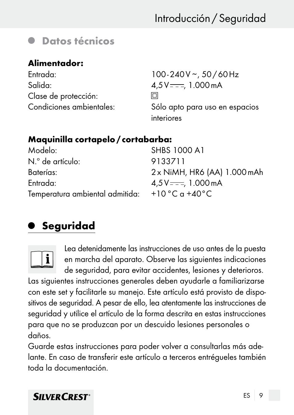 Introducción / seguridad, Datos técnicos, Seguridad | Silvercrest SHBS 1000 A1 User Manual | Page 9 / 101