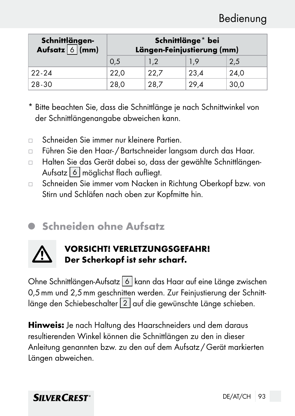 Bedienung, Schneiden ohne aufsatz | Silvercrest SHBS 1000 A1 User Manual | Page 93 / 101