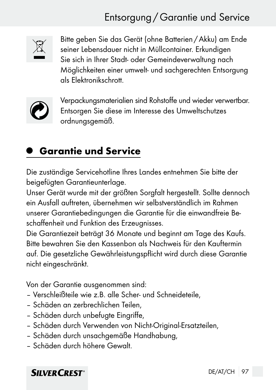 Entsorgung / garantie und service, Garantie und service | Silvercrest SHBS 1000 A1 User Manual | Page 97 / 101
