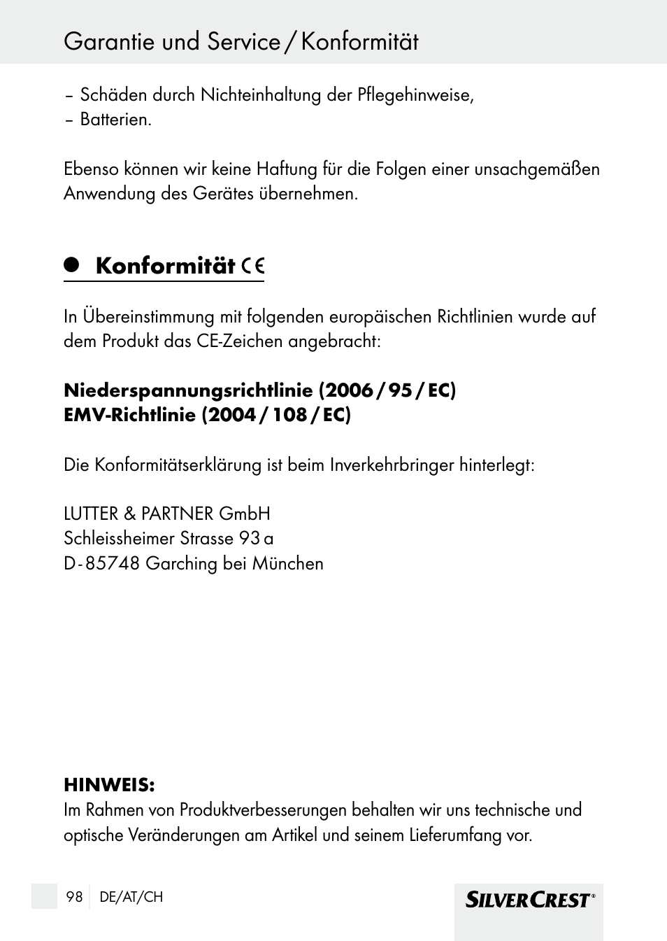 Garantie und service / konformität, Konformität | Silvercrest SHBS 1000 A1 User Manual | Page 98 / 101