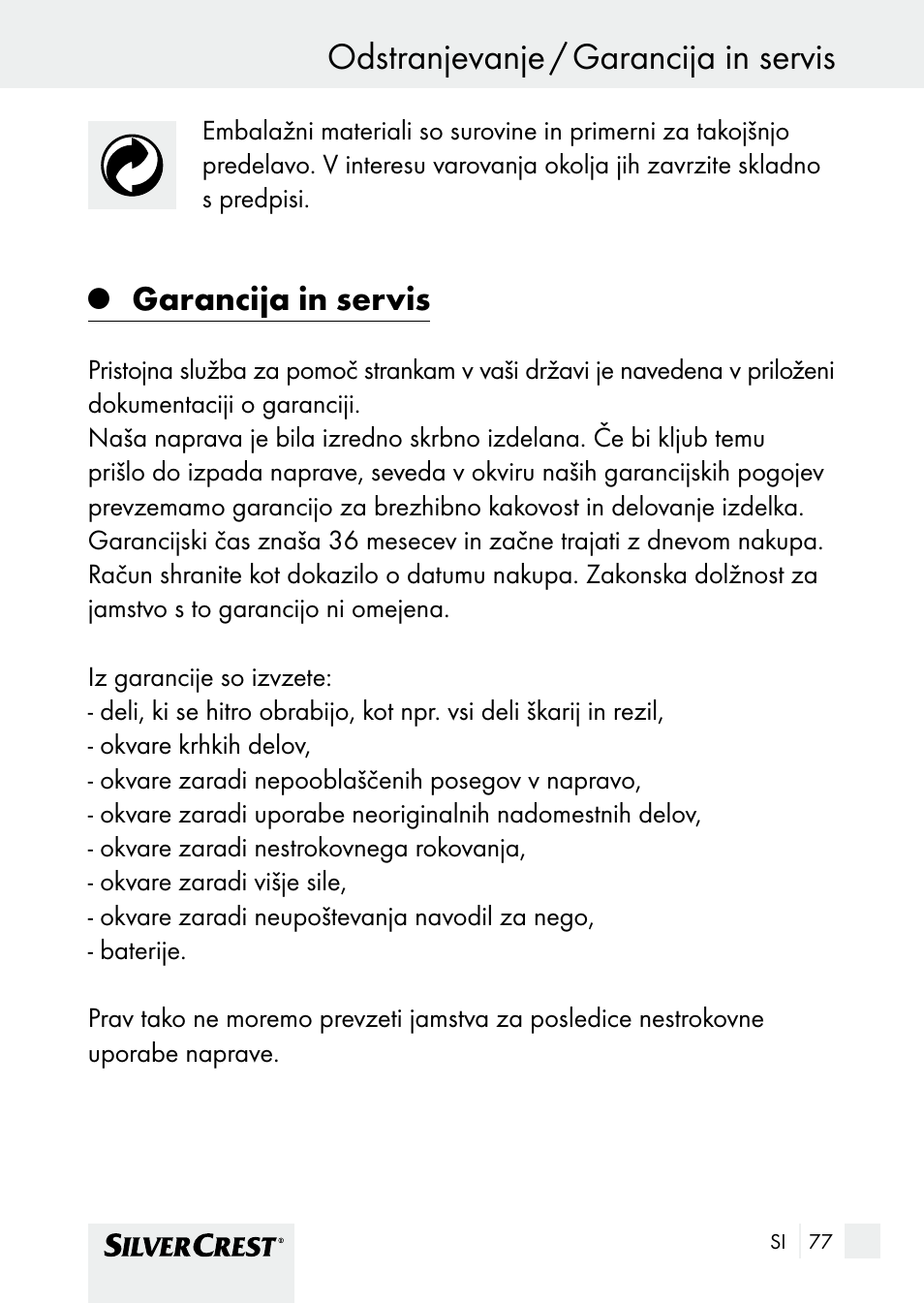 Odstranjevanje / garancija in servis, Garancija in servis | Silvercrest SHBS 1000 A1 User Manual | Page 77 / 137