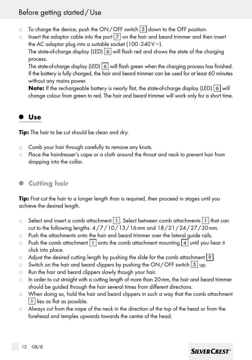 Before getting started / use, Cutting hair | Silvercrest SHBS 600 A1 User Manual | Page 12 / 21