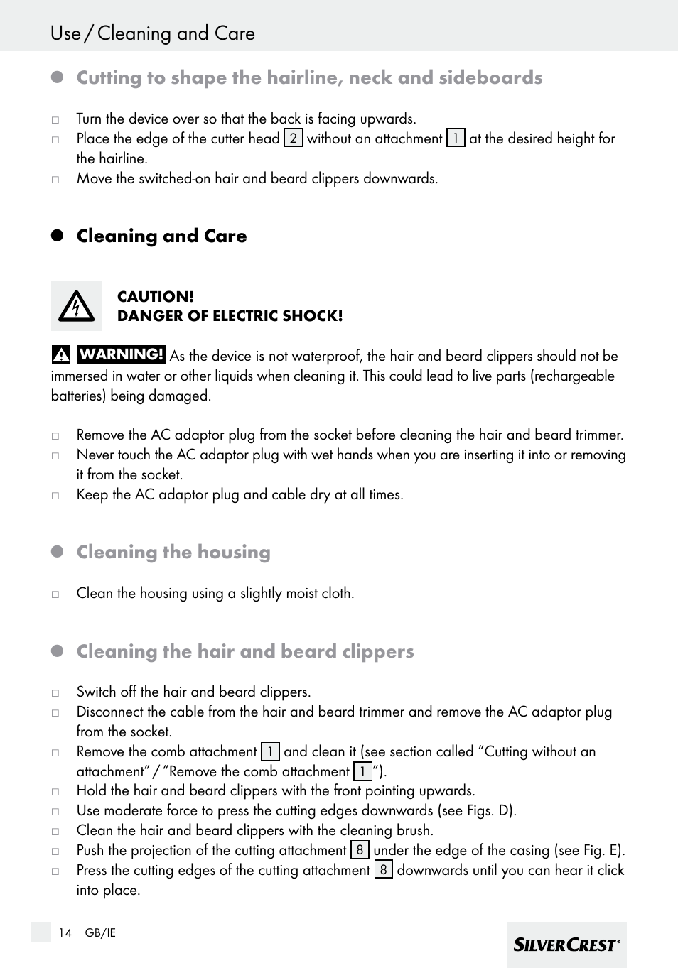 Use / cleaning and care, Cutting to shape the hairline, neck and sideboards, Cleaning and care | Cleaning the housing, Cleaning the hair and beard clippers | Silvercrest SHBS 600 A1 User Manual | Page 14 / 21