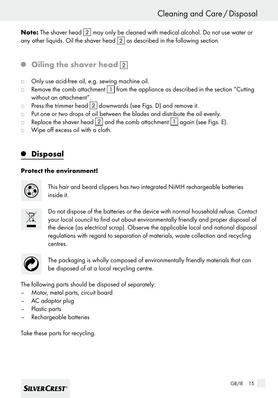 Cleaning and care / disposal, Oiling the shaver head, Disposal | Silvercrest SHBS 600 A1 User Manual | Page 15 / 21