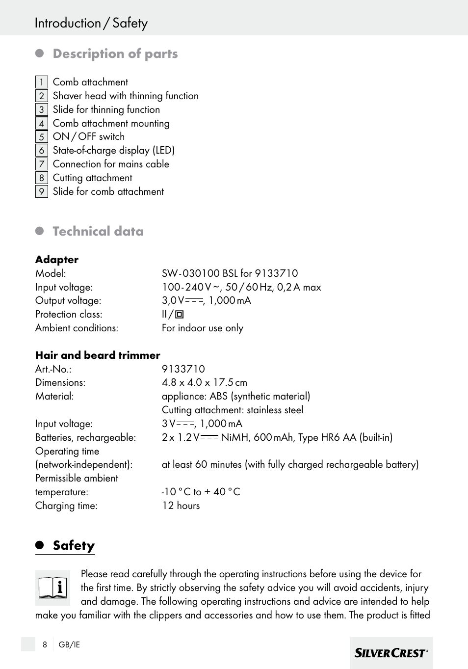 Introduction / safety, Description of parts, Technical data | Safety | Silvercrest SHBS 600 A1 User Manual | Page 8 / 21