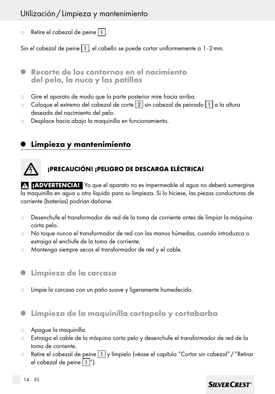 Utilización / limpieza y mantenimiento, Limpieza y mantenimiento, Limpieza de la carcasa | Limpieza de la maquinilla cortapelo y cortabarba | Silvercrest SHBS 600 A1 User Manual | Page 14 / 77