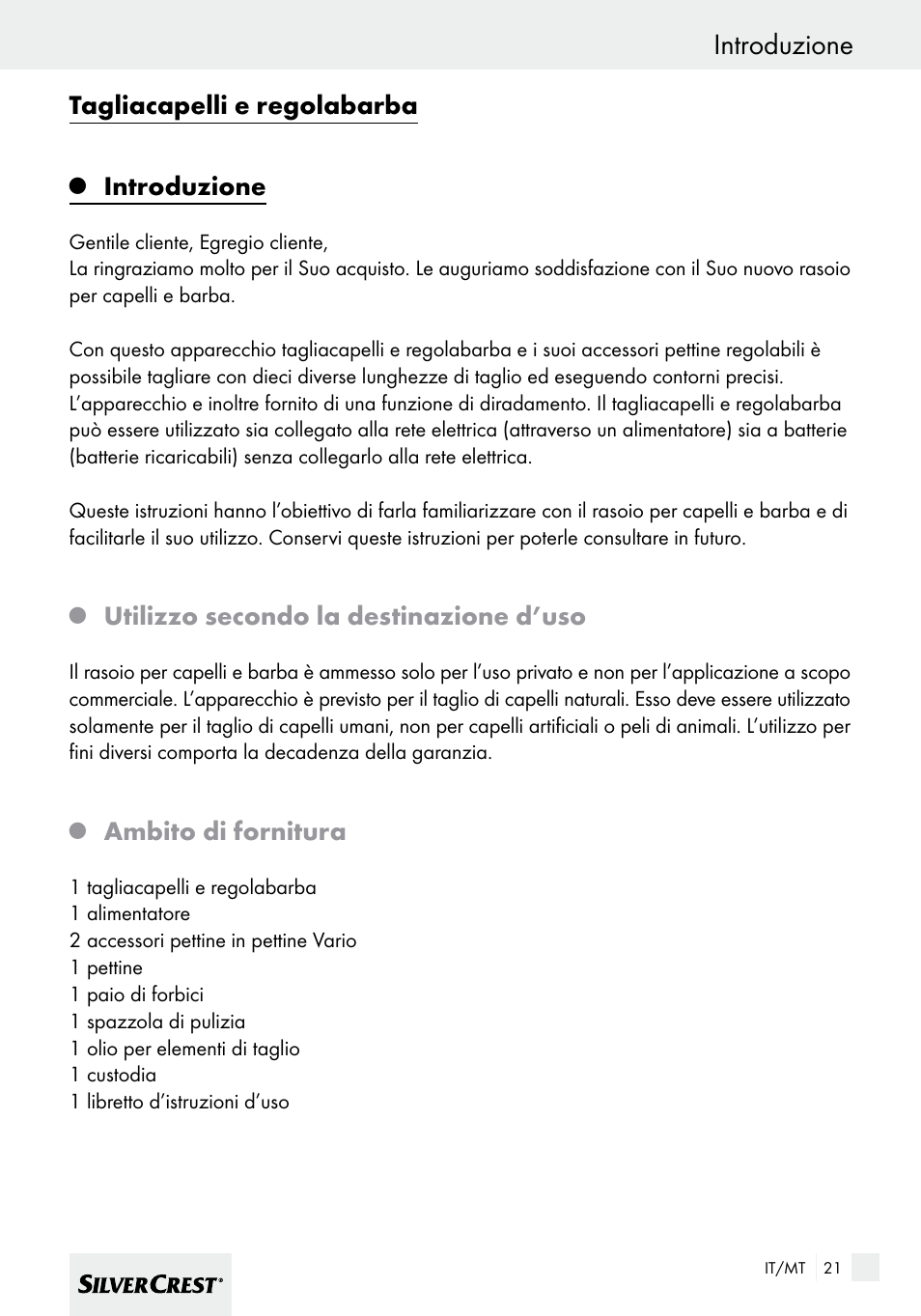 Introduzione, Tagliacapelli e regolabarba, Utilizzo secondo la destinazione d’uso | Ambito di fornitura | Silvercrest SHBS 600 A1 User Manual | Page 21 / 77