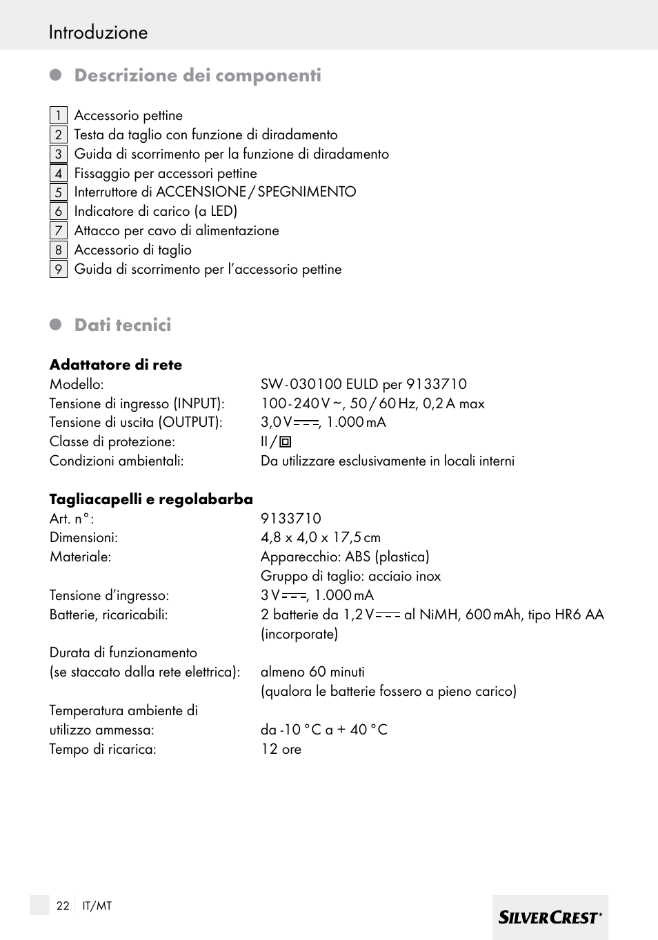 Introduzione, Descrizione dei componenti, Dati tecnici | Silvercrest SHBS 600 A1 User Manual | Page 22 / 77