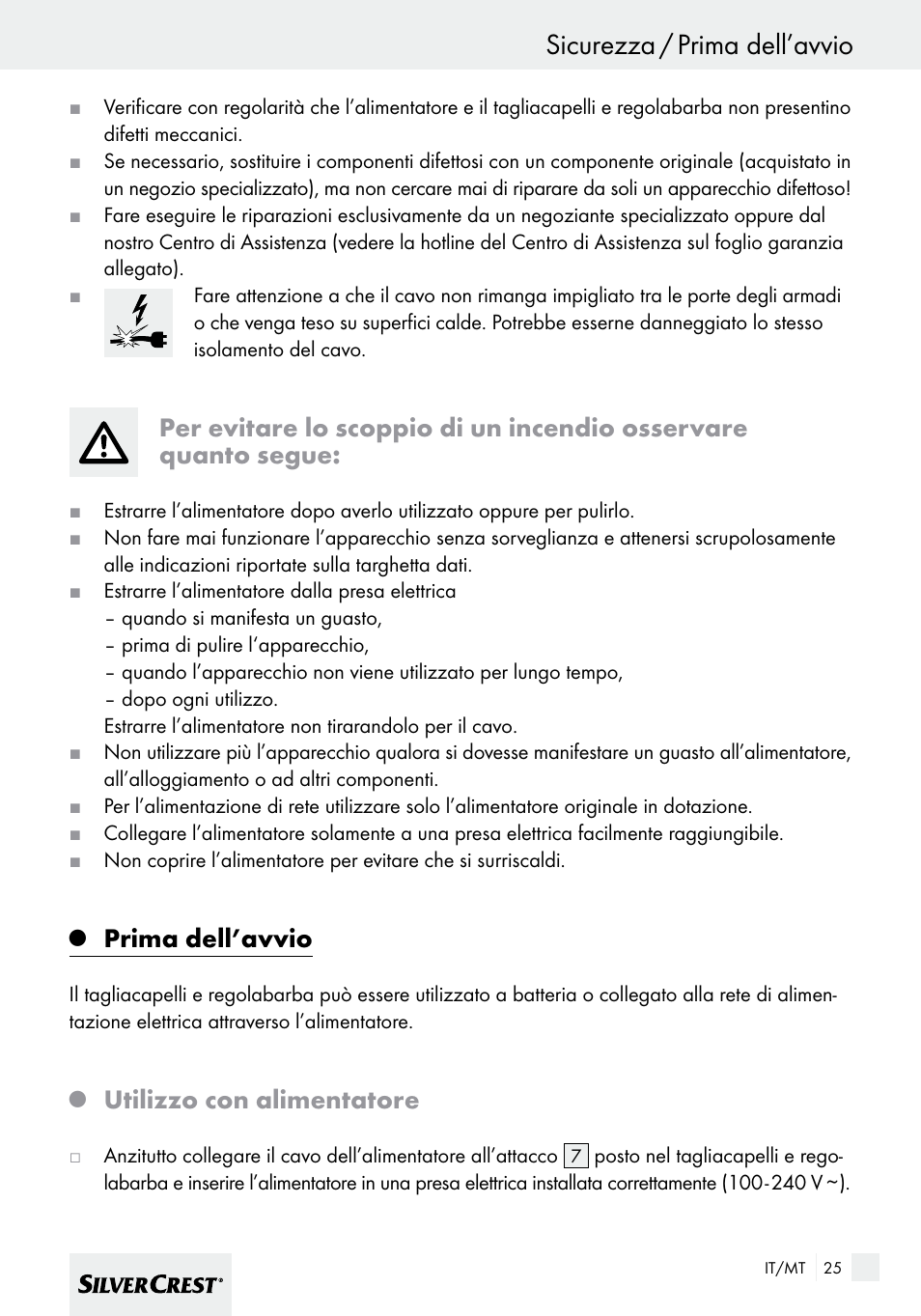 Sicurezza / prima dell’avvio, Prima dell’avvio, Utilizzo con alimentatore | Silvercrest SHBS 600 A1 User Manual | Page 25 / 77