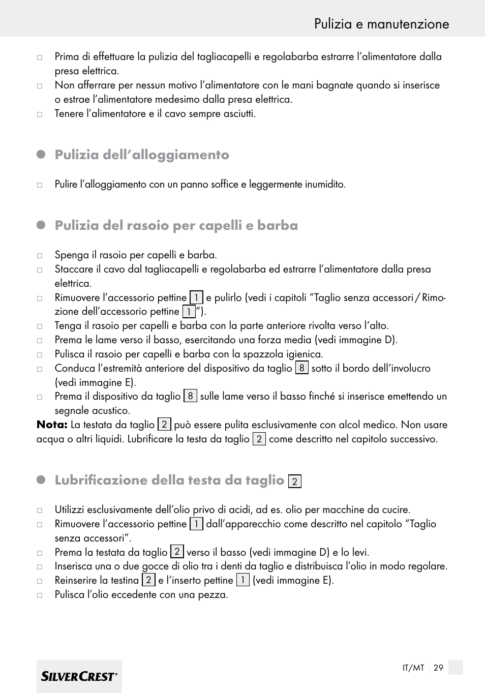 Pulizia e manutenzione, Pulizia dell’alloggiamento, Pulizia del rasoio per capelli e barba | Lubrificazione della testa da taglio | Silvercrest SHBS 600 A1 User Manual | Page 29 / 77