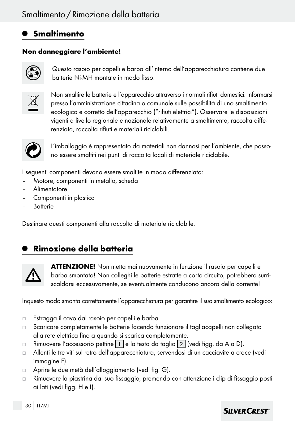 Smaltimento / rimozione della batteria, Smaltimento, Rimozione della batteria | Silvercrest SHBS 600 A1 User Manual | Page 30 / 77