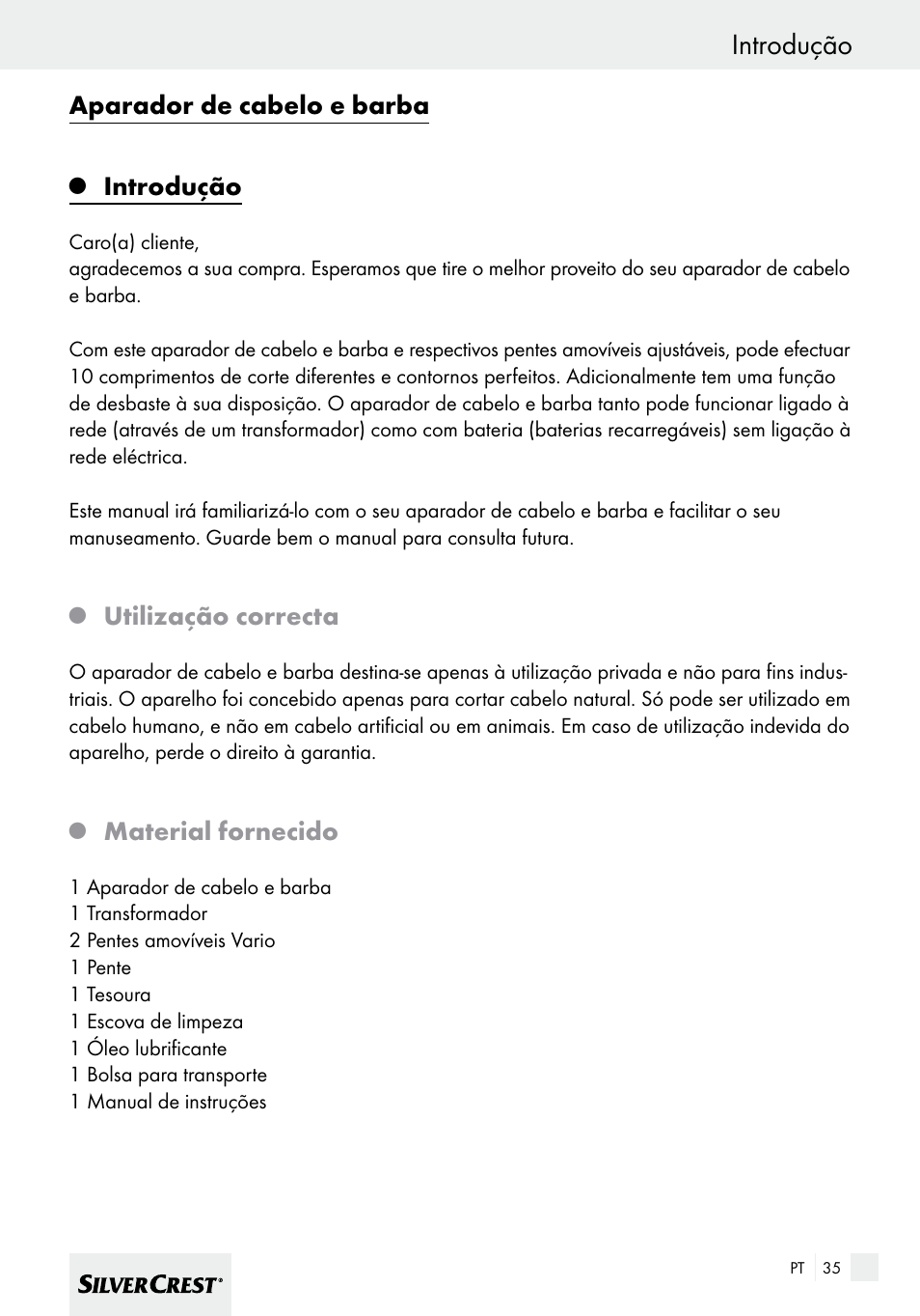 Introdução, Aparador de cabelo e barba, Utilização correcta | Material fornecido | Silvercrest SHBS 600 A1 User Manual | Page 35 / 77