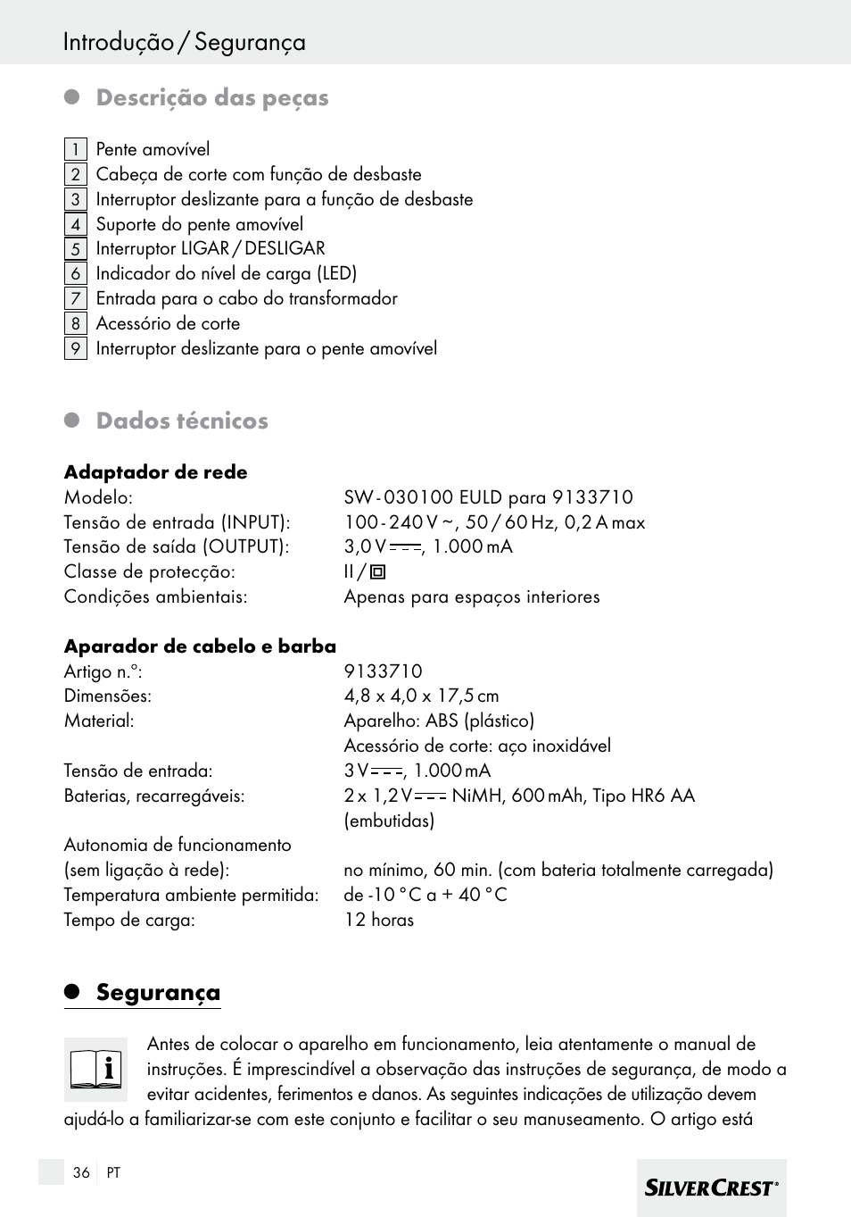 Introdução / segurança, Descrição das peças, Dados técnicos | Segurança | Silvercrest SHBS 600 A1 User Manual | Page 36 / 77