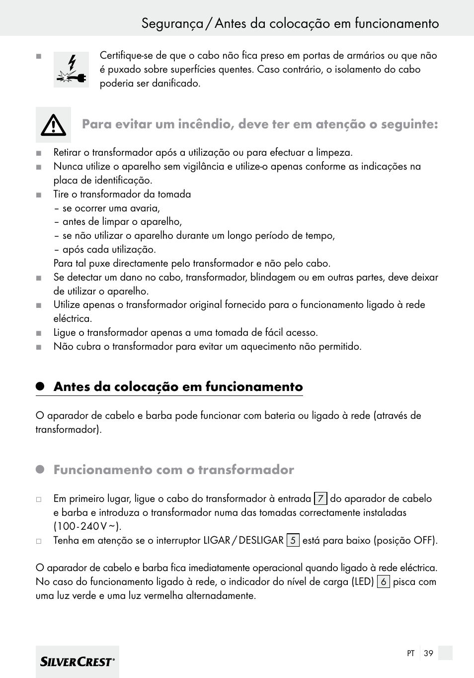 Segurança / antes da colocação em funcionamento, Antes da colocação em funcionamento, Funcionamento com o transformador | Silvercrest SHBS 600 A1 User Manual | Page 39 / 77