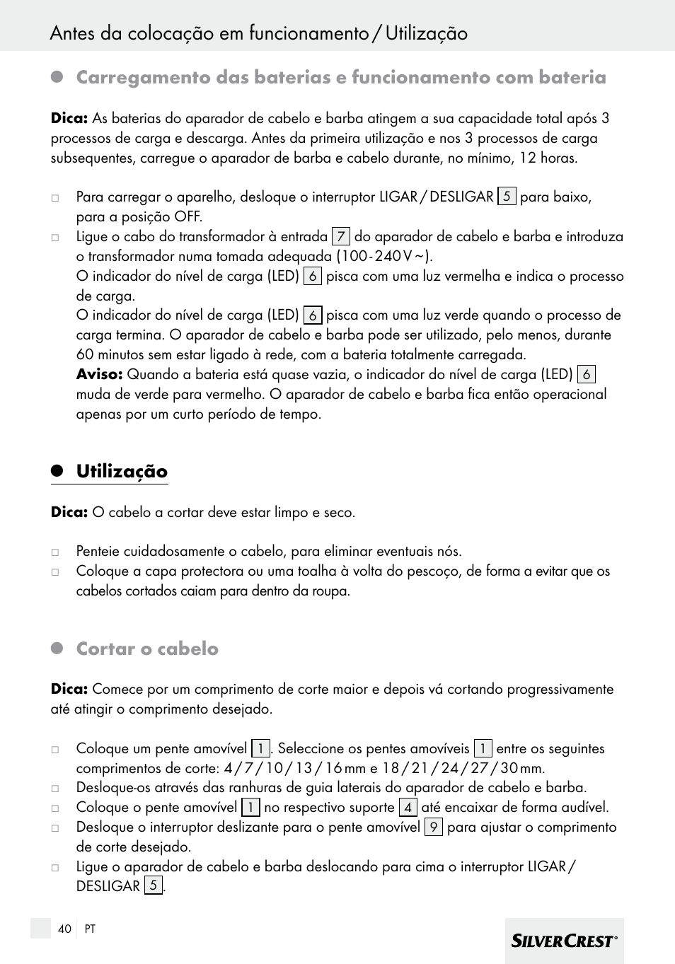 Antes da colocação em funcionamento / utilização, Utilização, Cortar o cabelo | Silvercrest SHBS 600 A1 User Manual | Page 40 / 77