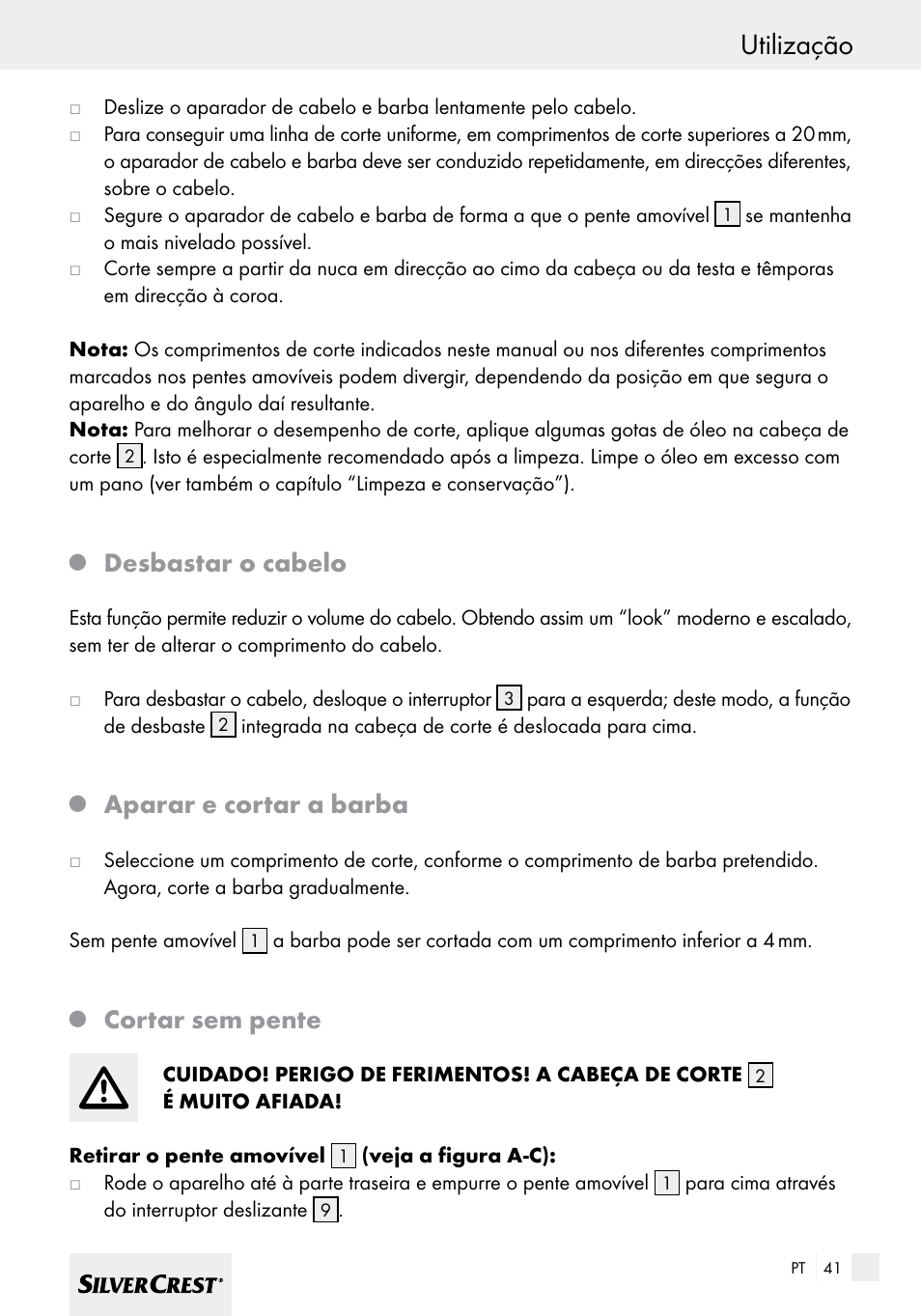 Utilização, Desbastar o cabelo, Aparar e cortar a barba | Cortar sem pente | Silvercrest SHBS 600 A1 User Manual | Page 41 / 77