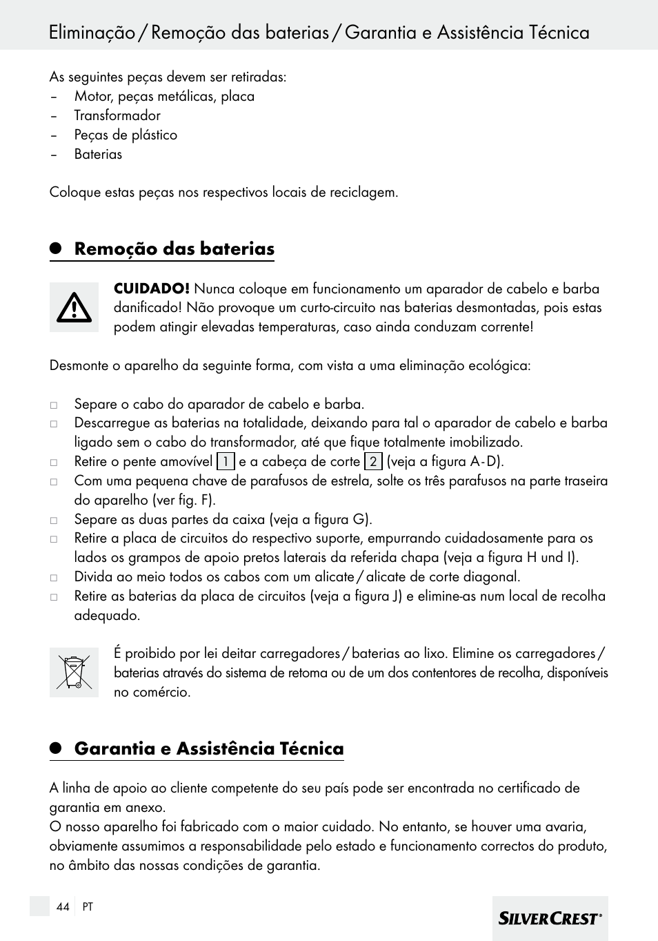 Remoção das baterias, Garantia e assistência técnica | Silvercrest SHBS 600 A1 User Manual | Page 44 / 77
