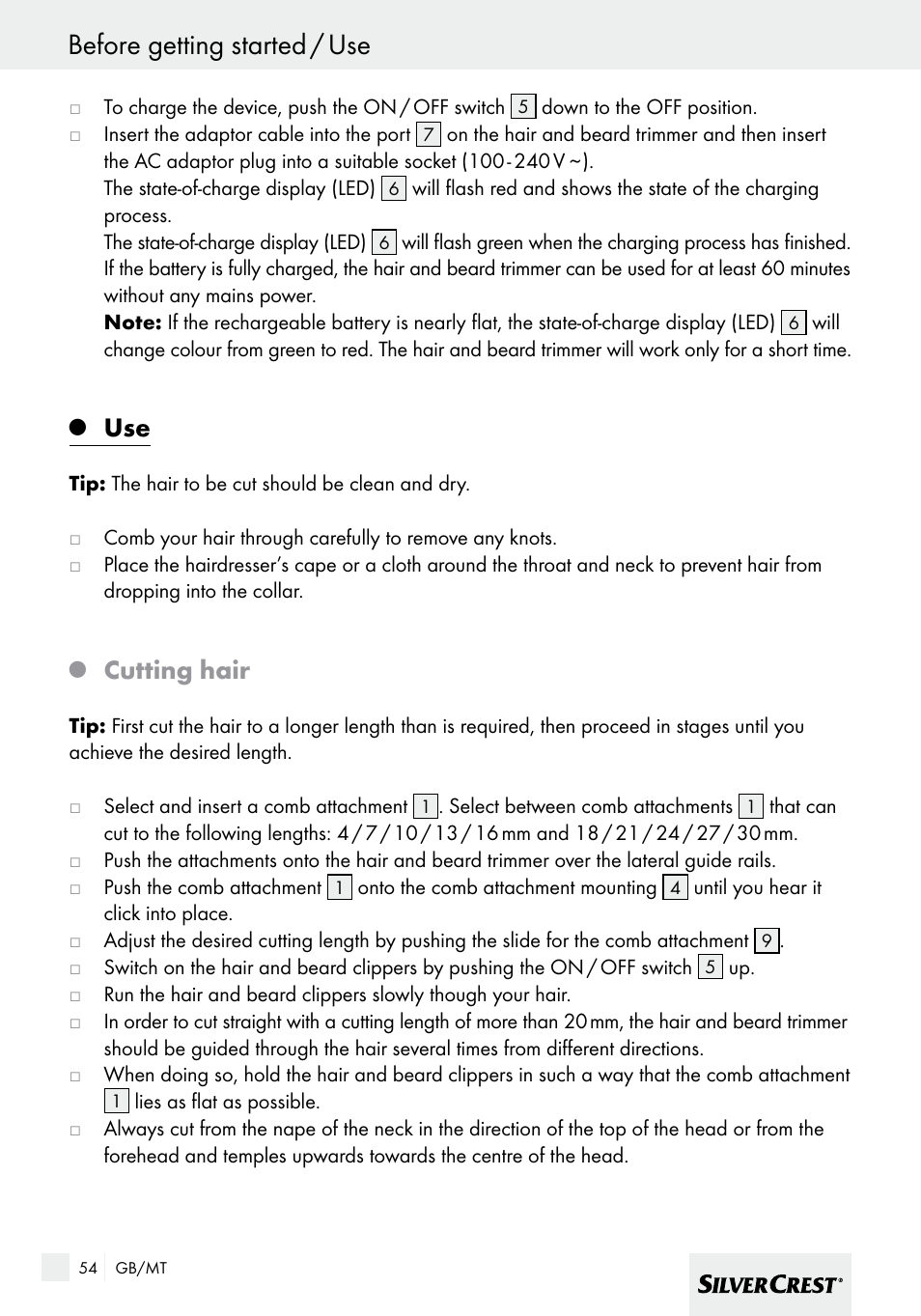Before getting started / use, Cutting hair | Silvercrest SHBS 600 A1 User Manual | Page 54 / 77