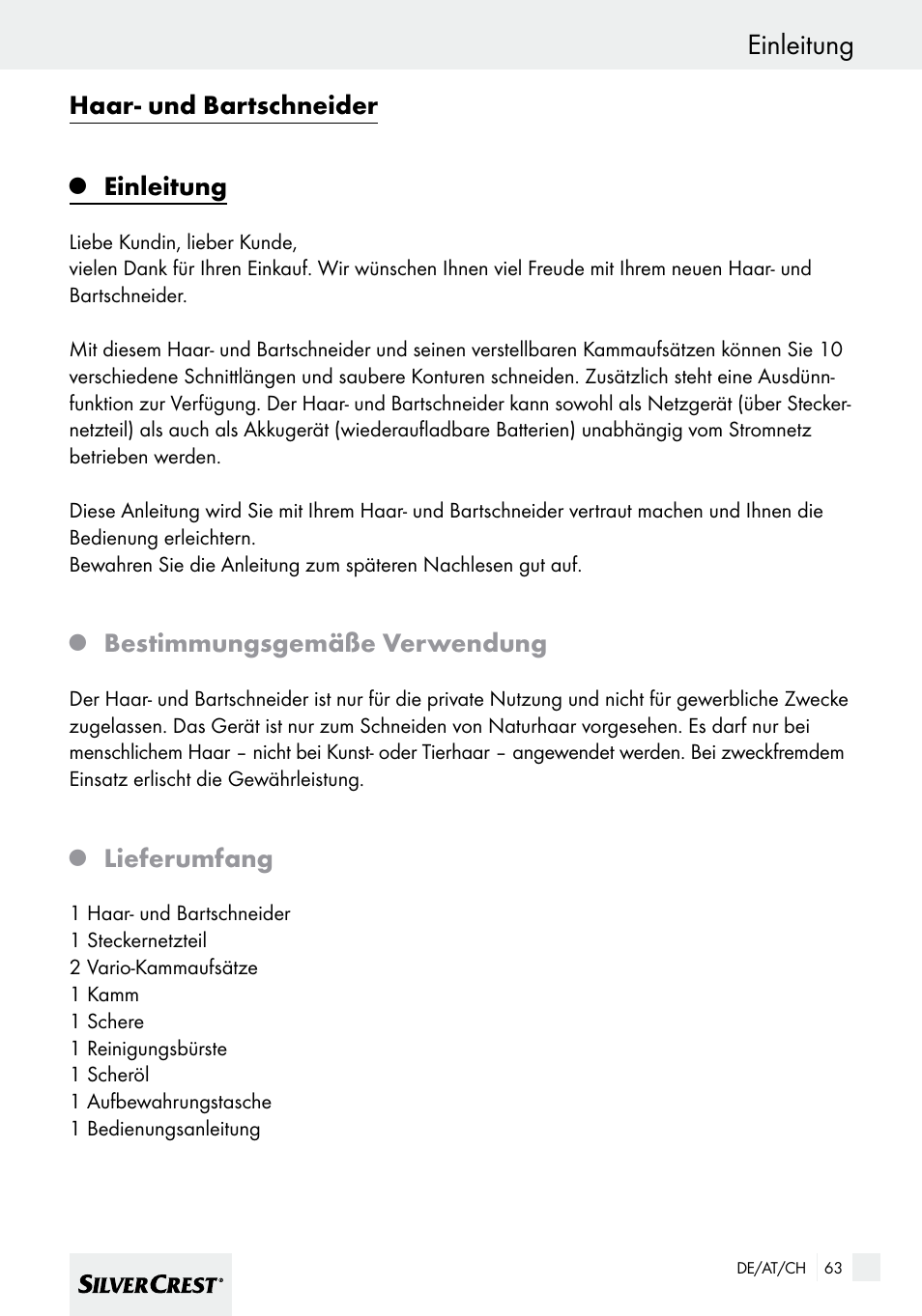 Einleitung, Haar- und bartschneider, Bestimmungsgemäße verwendung | Lieferumfang | Silvercrest SHBS 600 A1 User Manual | Page 63 / 77