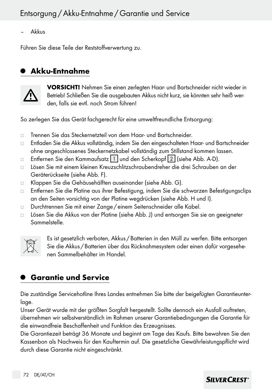Entsorgung / akku-entnahme / garantie und service, Akku-entnahme, Garantie und service | Silvercrest SHBS 600 A1 User Manual | Page 72 / 77