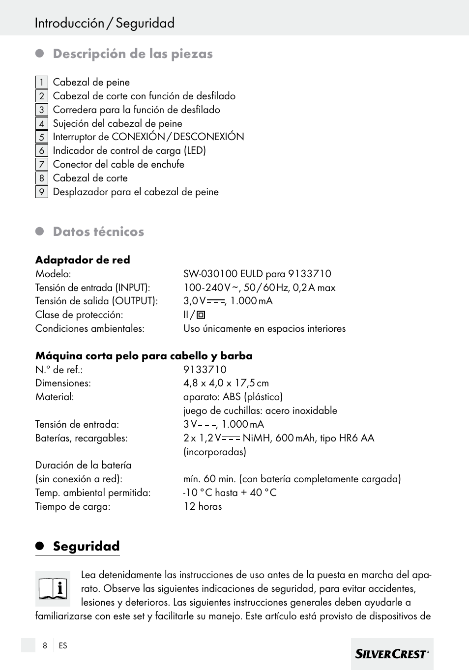 Introducción / seguridad, Descripción de las piezas, Datos técnicos | Seguridad | Silvercrest SHBS 600 A1 User Manual | Page 8 / 77