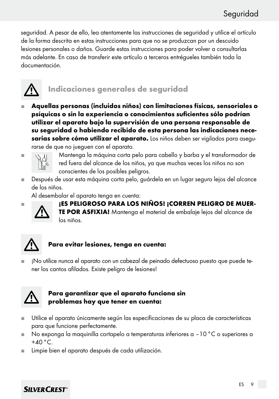Seguridad, Indicaciones generales de seguridad | Silvercrest SHBS 600 A1 User Manual | Page 9 / 77