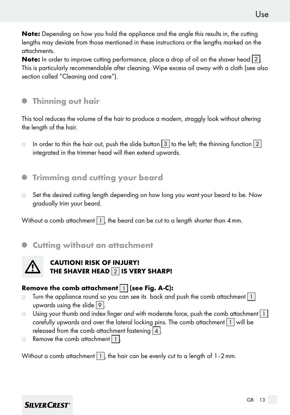 Thinning out hair, Trimming and cutting your beard, Cutting without an attachment | Silvercrest SHBS 600 A1 User Manual | Page 13 / 101