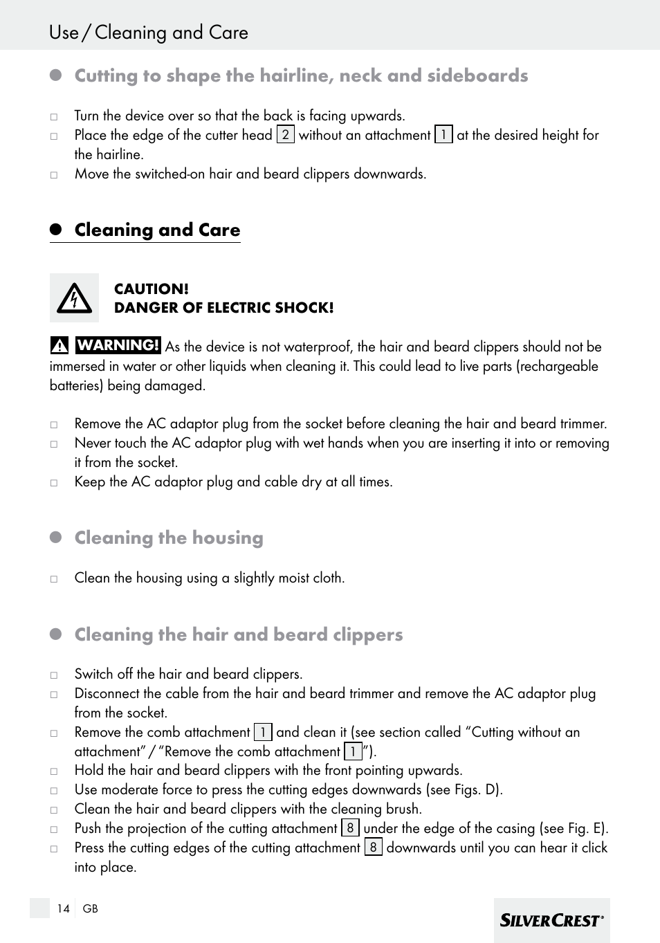 Use / cleaning and care, Cutting to shape the hairline, neck and sideboards, Cleaning and care | Cleaning the housing, Cleaning the hair and beard clippers | Silvercrest SHBS 600 A1 User Manual | Page 14 / 101