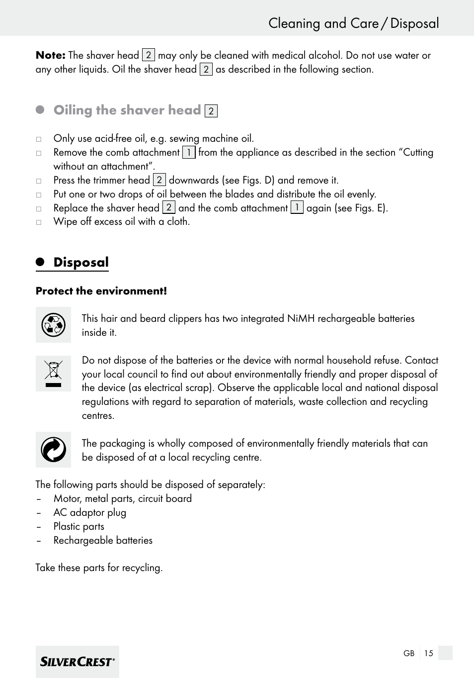 Cleaning and care / disposal, Oiling the shaver head, Disposal | Silvercrest SHBS 600 A1 User Manual | Page 15 / 101