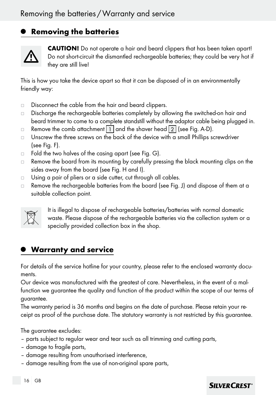 Removing the batteries / warranty and service, Removing the batteries, Warranty and service | Silvercrest SHBS 600 A1 User Manual | Page 16 / 101