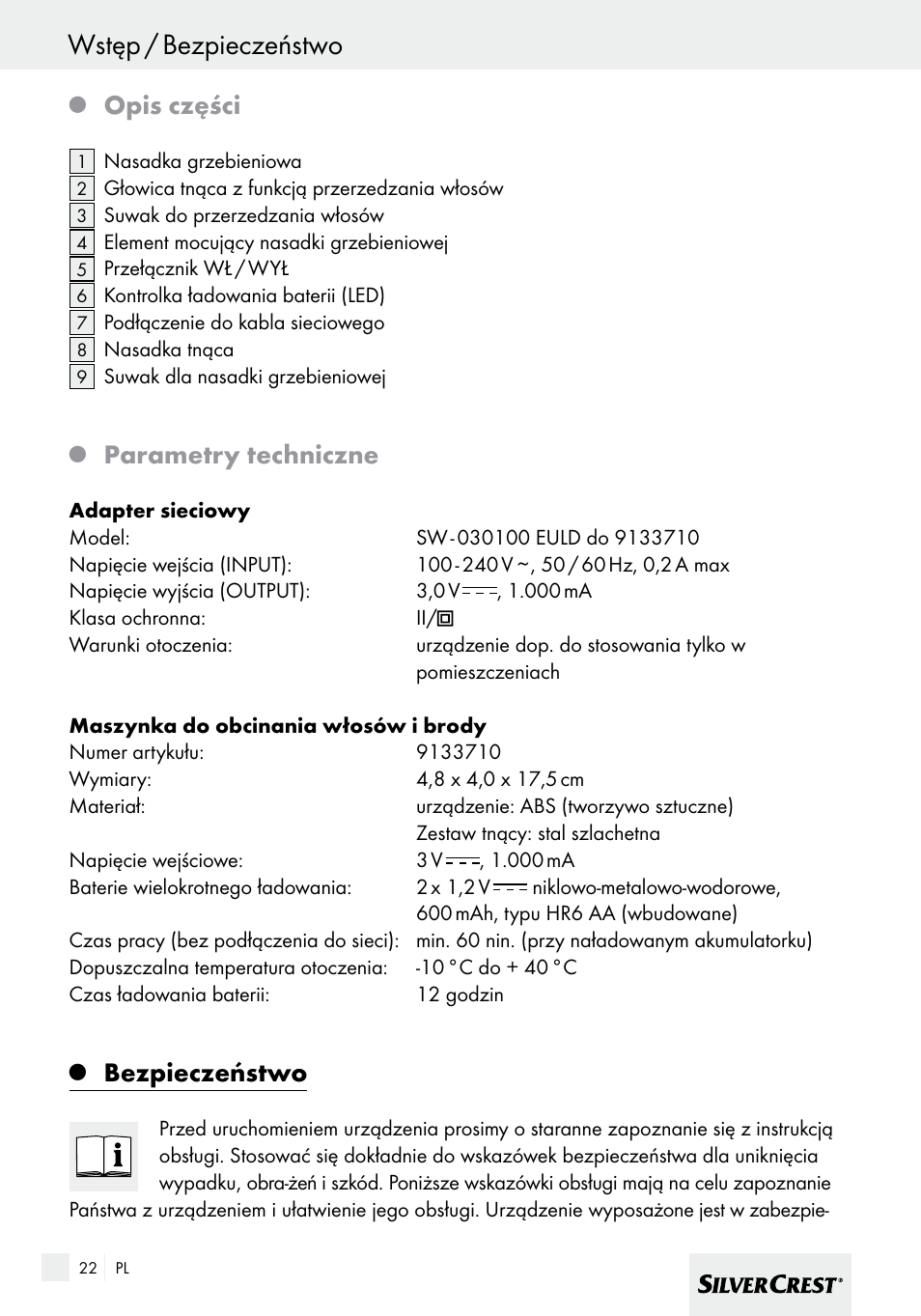 Wstęp / bezpieczeństwo, Opis części, Parametry techniczne | Bezpieczeństwo | Silvercrest SHBS 600 A1 User Manual | Page 22 / 101