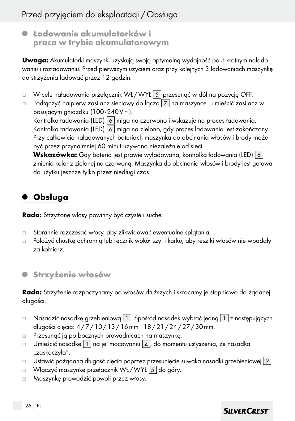 Przed przyjęciem do eksploatacji / obsługa, Obsługa, Strzyżenie włosów | Silvercrest SHBS 600 A1 User Manual | Page 26 / 101