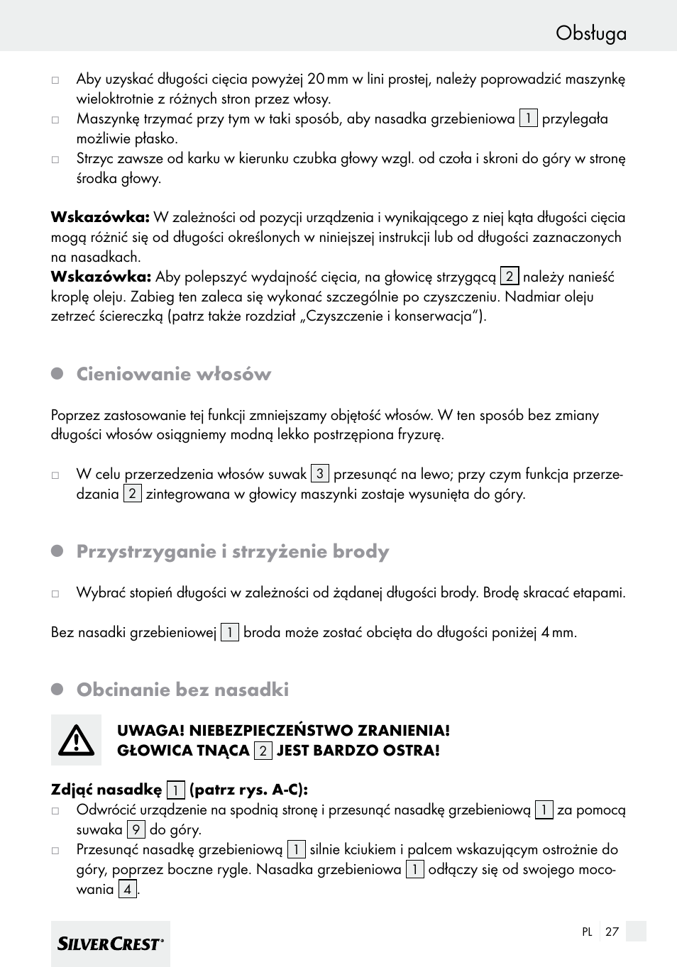 Obsługa, Cieniowanie włosów, Przystrzyganie i strzyżenie brody | Obcinanie bez nasadki | Silvercrest SHBS 600 A1 User Manual | Page 27 / 101