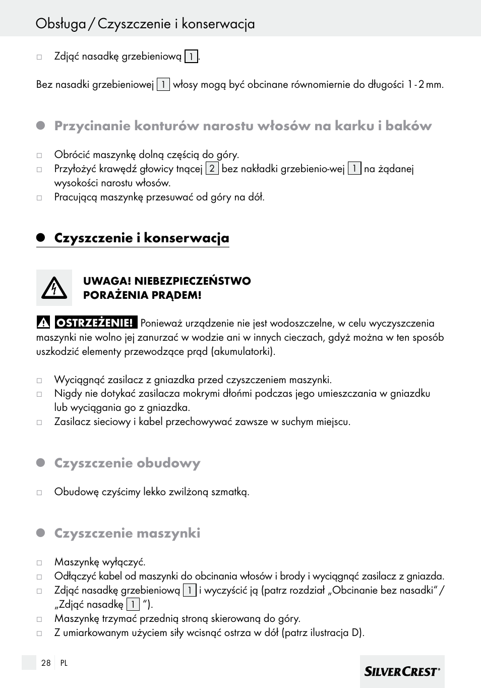Obsługa / czyszczenie i konserwacja, Czyszczenie i konserwacja, Czyszczenie obudowy | Czyszczenie maszynki | Silvercrest SHBS 600 A1 User Manual | Page 28 / 101