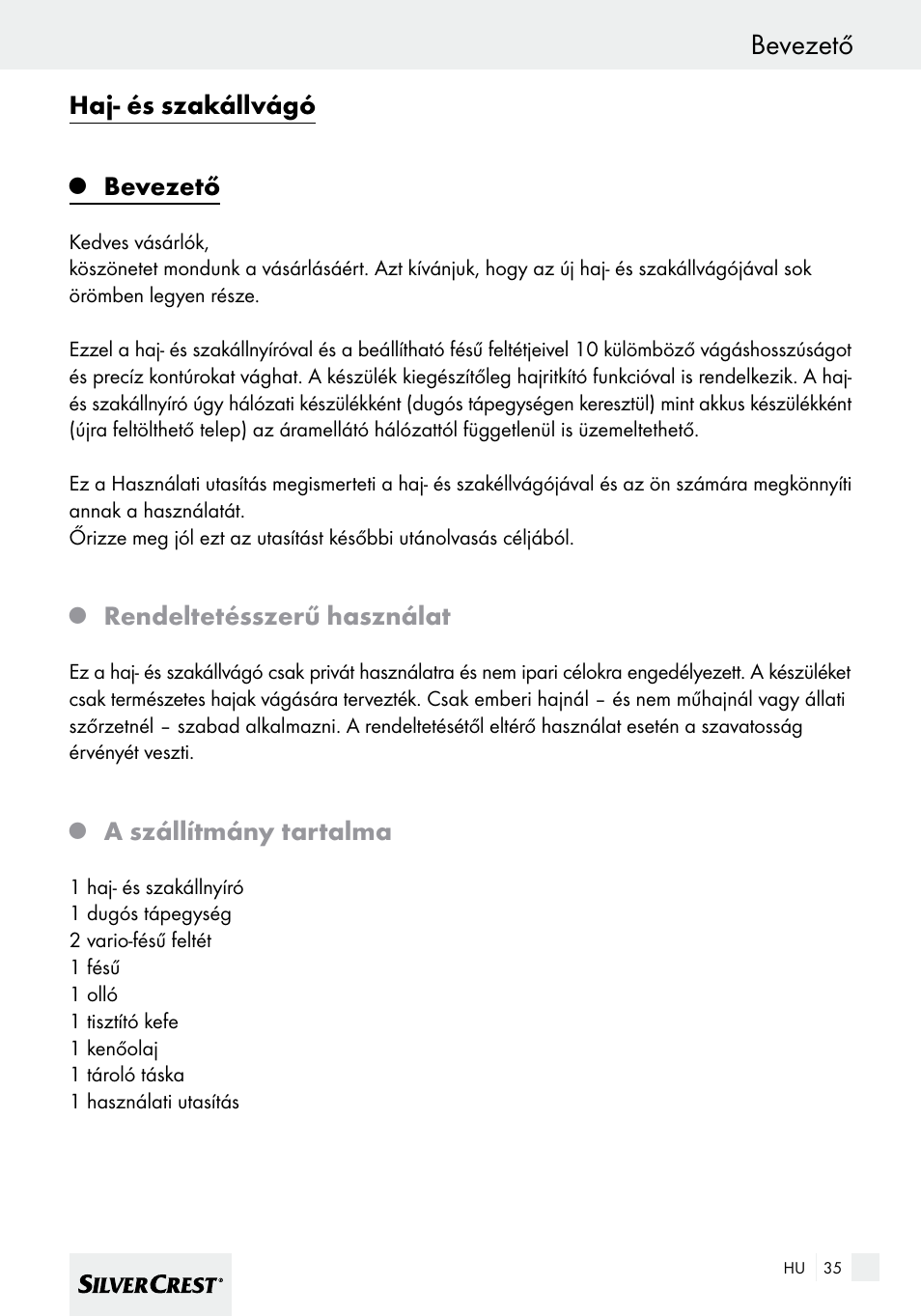 Bevezető, Haj- és szakállvágó, Rendeltetésszerű használat | A szállítmány tartalma | Silvercrest SHBS 600 A1 User Manual | Page 35 / 101