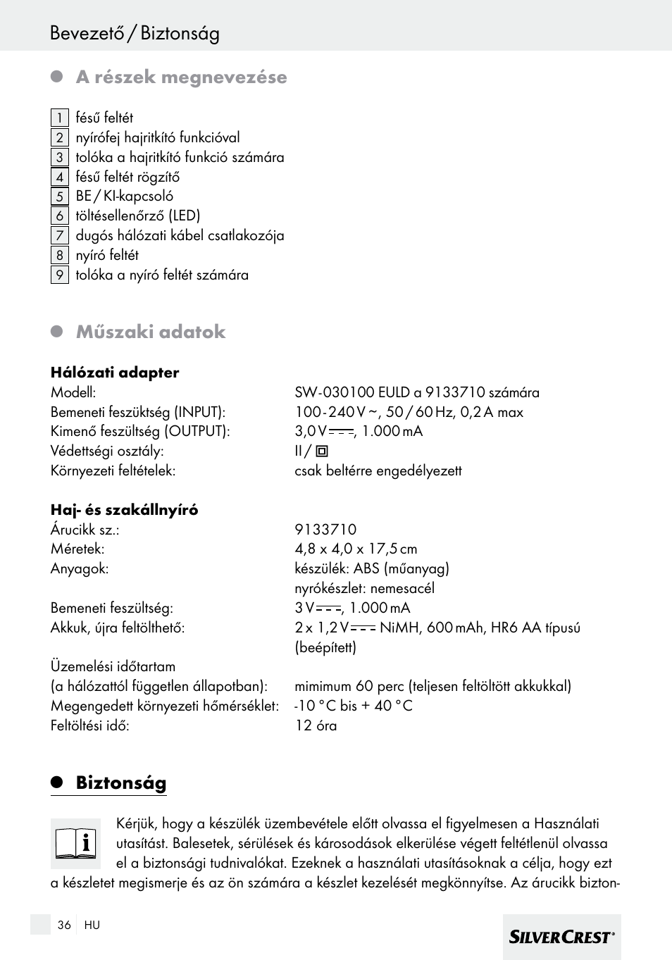 Bevezető / biztonság, A részek megnevezése, Műszaki adatok | Biztonság | Silvercrest SHBS 600 A1 User Manual | Page 36 / 101