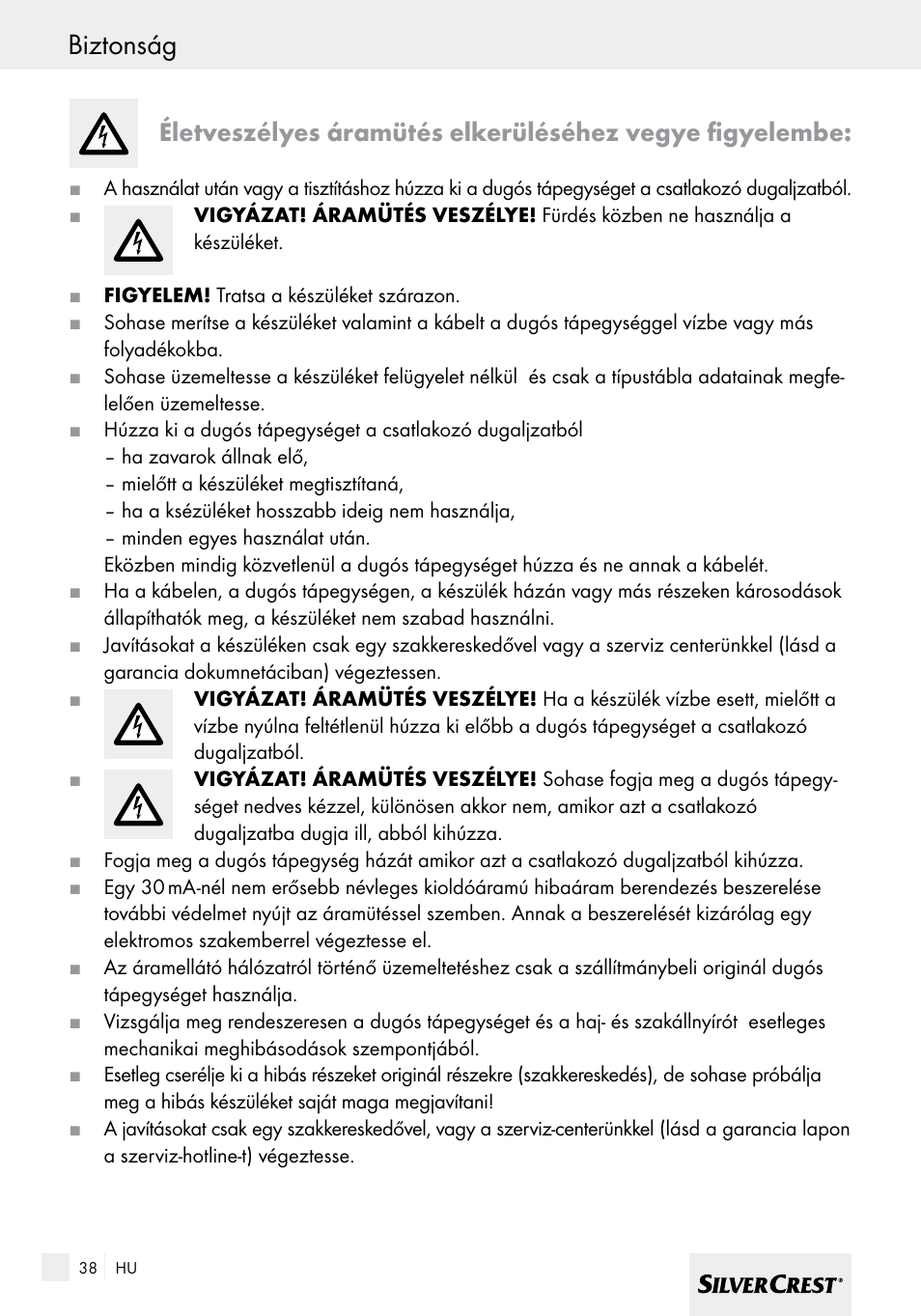 Biztonság | Silvercrest SHBS 600 A1 User Manual | Page 38 / 101