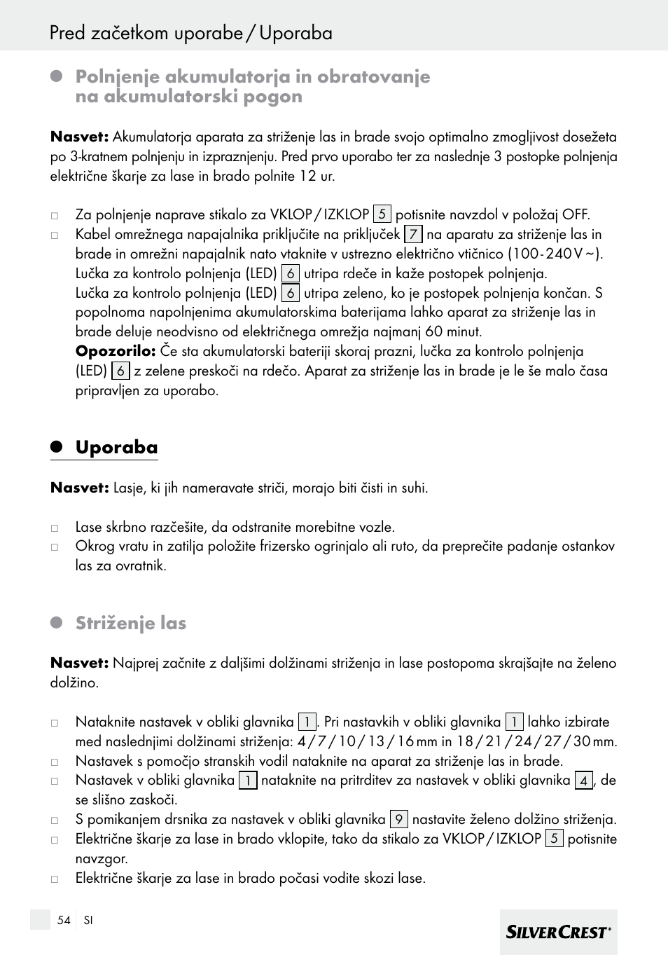 Pred začetkom uporabe / uporaba, Uporaba, Striženje las | Silvercrest SHBS 600 A1 User Manual | Page 54 / 101